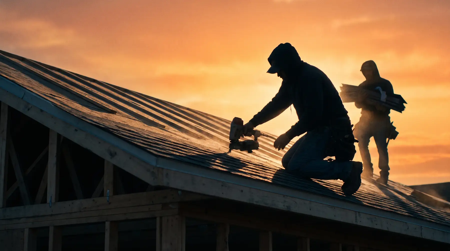 Roofers on the ridge line at first light