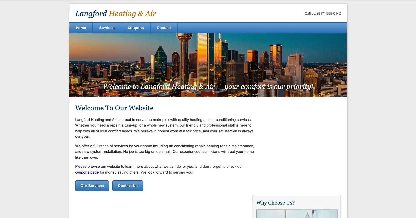 Outdated 2013-era website for Langford Heating & Air